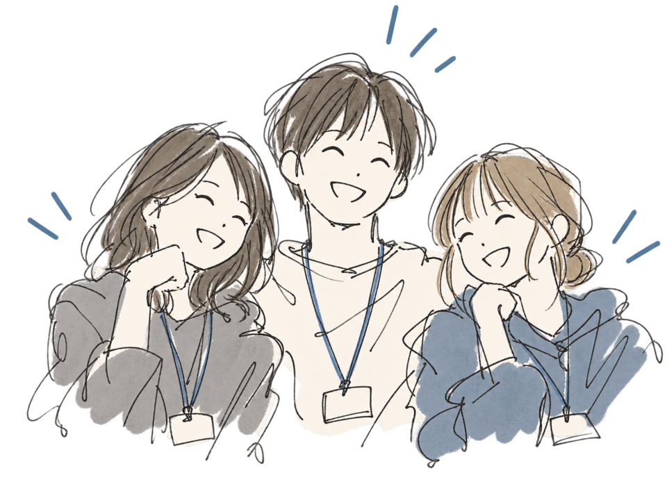 笑顔で肩を並べる、りぶらふを設立した3人の役員のイラスト